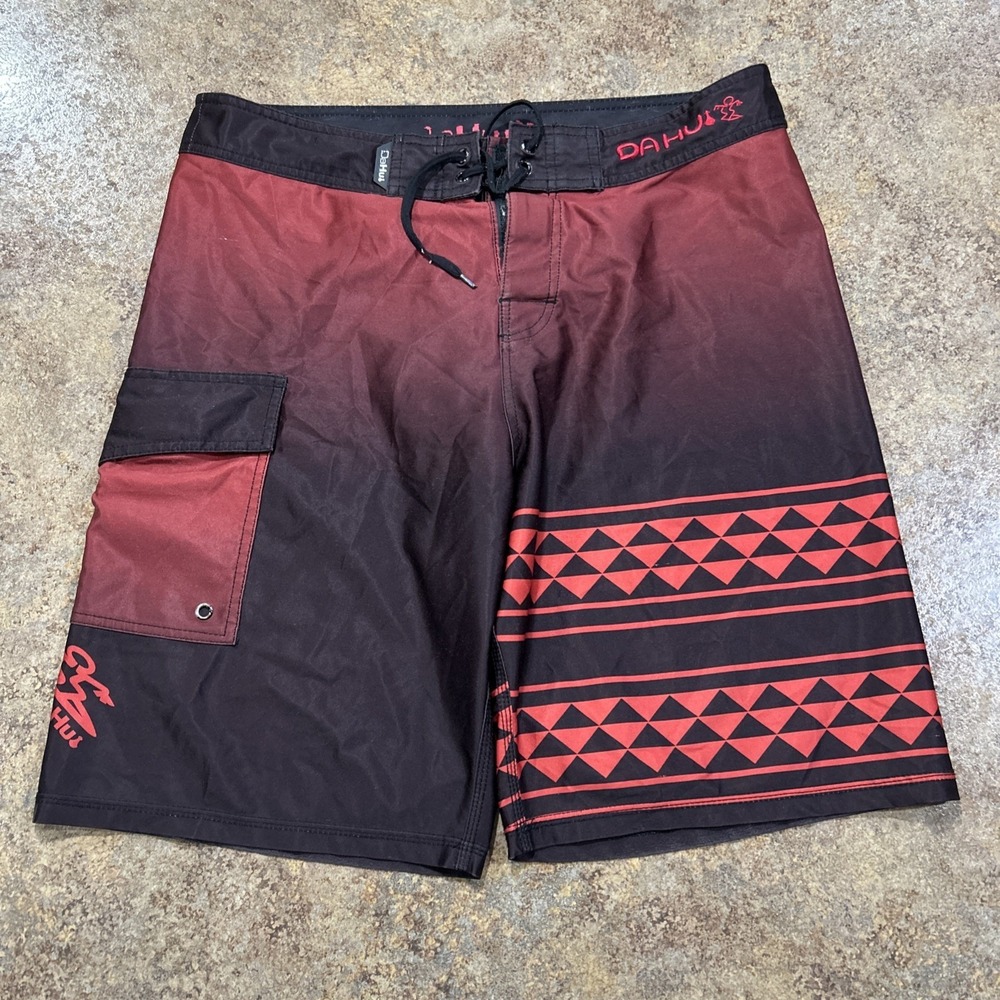 Vintage Y2k DAHUI Boardshorts Size 36 Tribal Red Surf Beach Bottoms